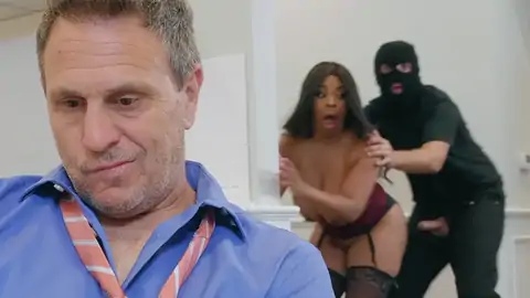 Burglar completes up fuckin' a big-boobed dark-hued with giant bobos