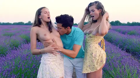 A duo of blond nymphs have a 3 way with a twunk