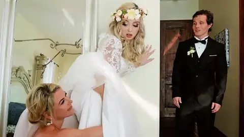 The groom catches the wife scissoring a lesbo