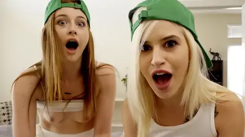 two light-haired teens are having an FFM trio-way