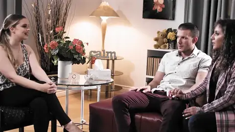 A psychologist is pulverizing the husband of a dark-skinned-haired