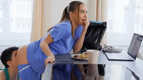 Slutty nurse gets her massive natural mounds fondled by her beau