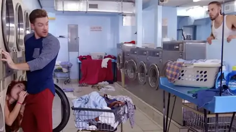 Crimson-Haired is giving a deep gullet at the laundromat