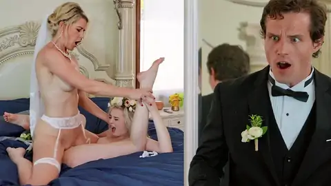 The groom catches the wife scissoring a girl-on-girl