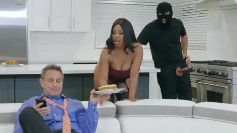 Burglar finishes up screwing a massive-breasted ebony with massive bobos