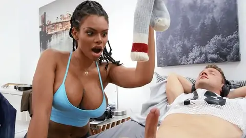 A immense-titted dark-hued gets stuck in the washing machine