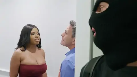 Burglar completes up porking a immense-chested dark-hued with fat bobos