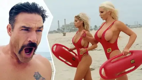 two platinum-blonde women are working as uniformed lifeguards