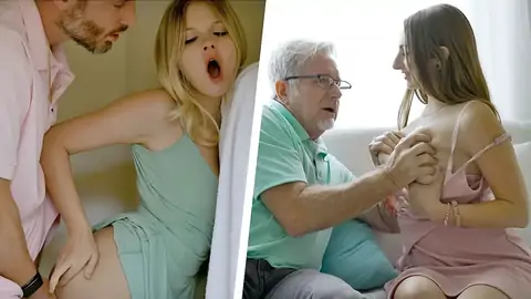 Step grandpa and stepparent smashes teens with hair pulling