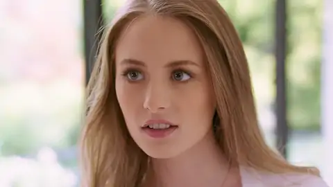 Appreciative platinum-blonde stunner is on her knees for a facial cumshot