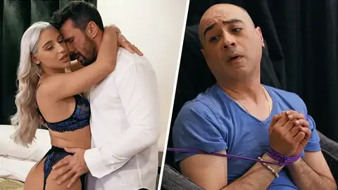 Stud with strapped palms is attempting to shag a platinum-platinum-platinum-blonde girl