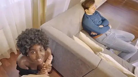 Dark-hued bombshell with elastic bootie screws while beau sleeps